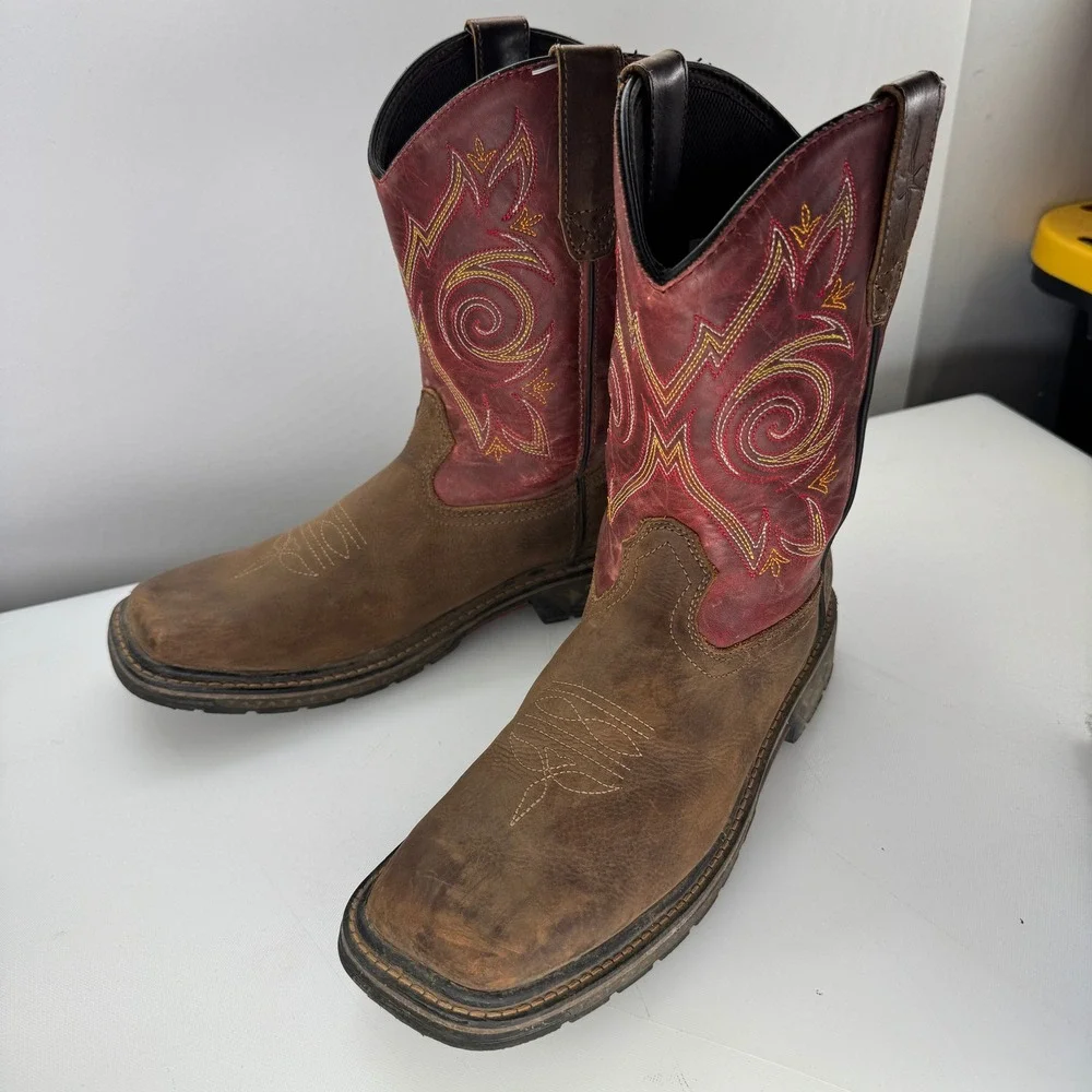 Georgia Boot Carbo Tec Western Work Boot Kids 6.5M Brown Red Pull On Square‎ Toe